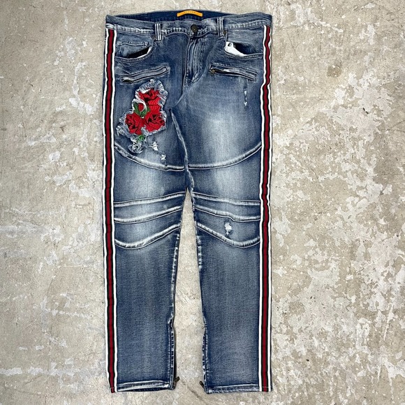 Kloud 9 Jeans Mens 38x32 Blue Pants Taper Stripe Rose Moto Biker Faded Goth Y2K - Picture 1 of 14